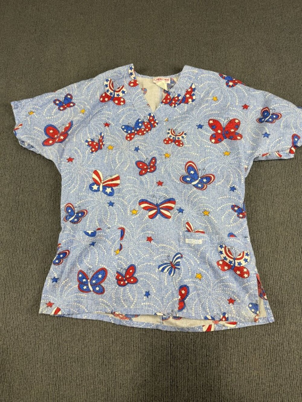 Cherokee Womens Blue Patriotic Butterfly Print V-Neck Short Sleeve Scrub Top XS